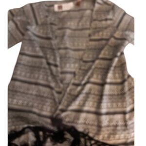 LEI print black & white open front fringed kimono ,swimwear cover up NWT